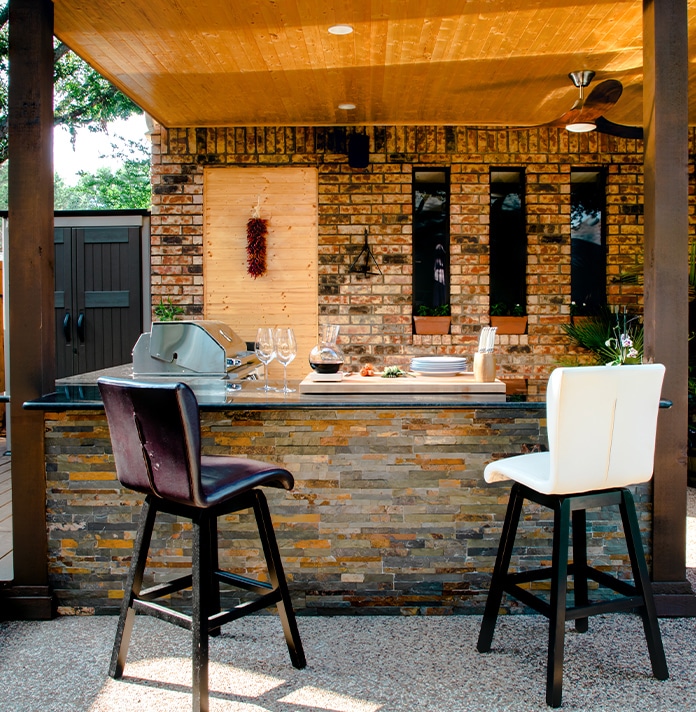 a dining room table in front of a building
